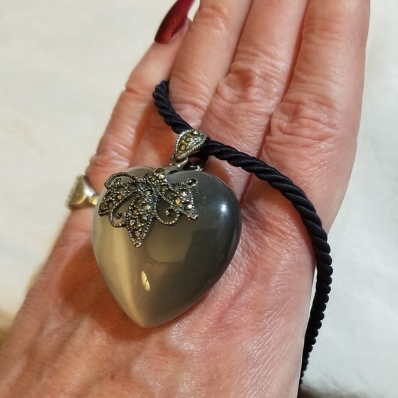 VTG Blue Cats Eye Quartz Marcasite Sterling Necklace - Picture 3 of 6